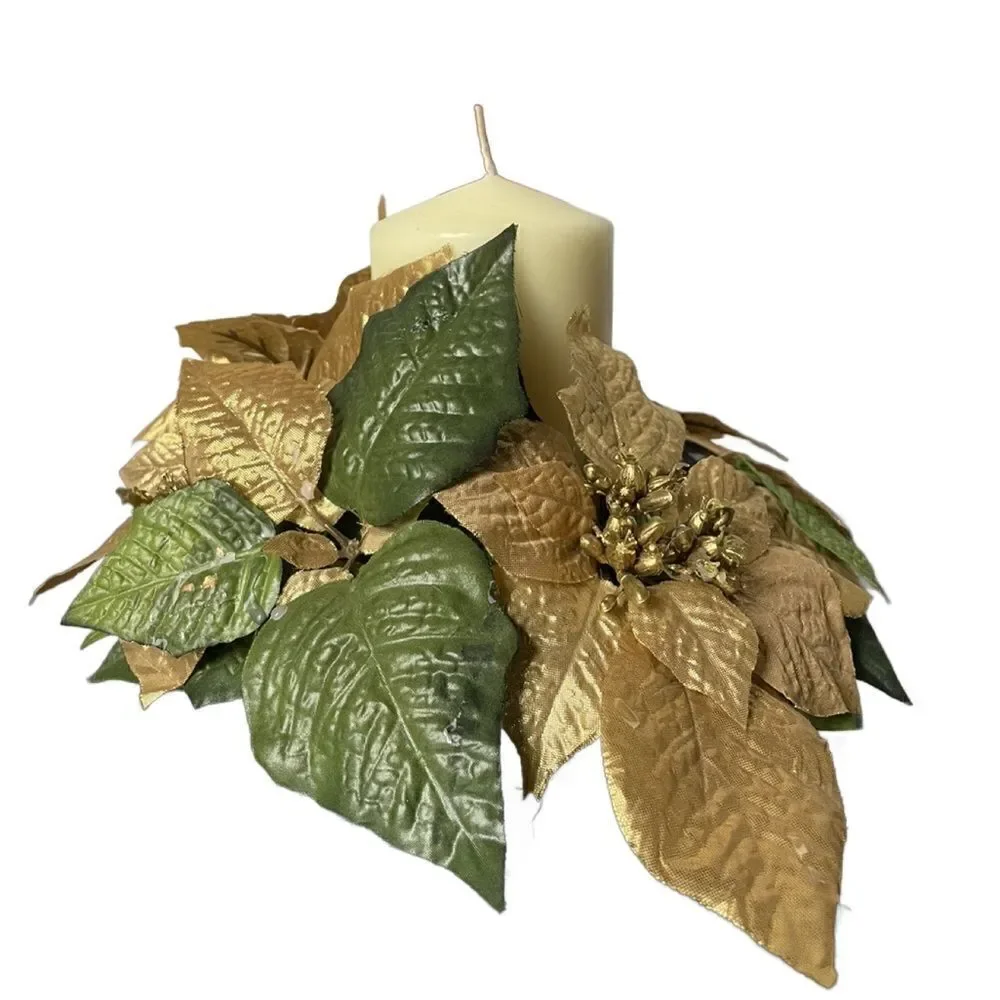 Gold Poinsettia & Green Leaf Circular Holiday Candle Holder w/Large Candle